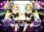  2girls ahoge android asymmetrical_clothes bare_shoulders belt black_legwear blonde_hair blue_eyes breasts cable cleavage frills green_eyes green_hair green_nails gumi hair_ornament hair_ribbon hairclip kagamine_rin luvoratorrrrry!_(vocaloid) makoto_(roketto-massyumaro) medium_breasts midriff miniskirt multiple_boys multiple_girls nail_polish navel neon_trim official_art open_mouth ribbon ruffled_skirt shorts single_thighhigh skirt smile song_name thighhighs vocaloid wavy_hair zettai_ryouiki 