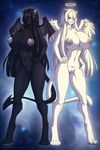  2015 angelina_onyx big_breasts black_fur black_hair breasts collaboration devil_horns devil_wings eye_contact fur grey_eyes hair halo hime_cut hioshiru horn huge_breasts iskra long_hair natasha_onyx nipples nude paws pussy simple_background white_fur white_hair wings 