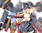  bad_id bad_pixiv_id bare_shoulders bismarck_(kantai_collection) blonde_hair blue_eyes breastplate breasts cowboy_shot gloves hat highres inaba_sunimi kantai_collection large_breasts long_hair looking_at_viewer mecha_musume military military_uniform outstretched_arm peaked_cap smile solo thighhighs uniform white_background 