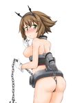  anchor ass blush bottomless breasts brown_hair chain gloves green_eyes hairband highres kageyama_mari kantai_collection looking_at_viewer machinery medium_breasts mutsu_(kantai_collection) nipples short_hair solo 