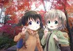  2girls :d autumn_leaves backpack bag bangs black_shirt blush brown_hair brown_jacket commentary_request day eyebrows_visible_through_hair fingernails green_eyes green_jacket grin hair_between_eyes hair_ornament hairclip hand_up holding holding_leaf jacket kuraue_hinata leaf multiple_girls neki_(wakiko) open_clothes open_jacket open_mouth outdoors photo_background purple_eyes shirt smile twintails upper_body v yama_no_susume yukimura_aoi 