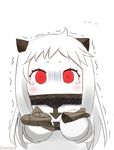  ahoge aircraft airplane broken commentary dress horns kantai_collection long_hair md5_mismatch mittens northern_ocean_hime red_eyes rexlent shinkaisei-kan simple_background solo tearing_up tears toy_airplane trembling twitter_username white_background white_dress white_hair 