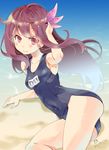  adjusting_hair arm_support arm_up armpits artist_name bare_legs bare_shoulders beach blush brown_eyes brown_hair collarbone covered_navel flower hair_flower hair_ornament highres imu_sanjo kantai_collection kisaragi_(kantai_collection) long_hair looking_at_viewer lying on_side one-piece_swimsuit outdoors sand school_swimsuit skin_tight smile solo swimsuit water wind 