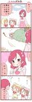  &gt;_&lt; 3girls 4koma :3 animal_costume bag blush bow brown_hair bush cat_costume closed_eyes comic cravat fang flying_sweatdrops hair_bow handbag hiding hoshizora_rin koizumi_hanayo long_sleeves love_live! love_live!_school_idol_project minigirl multiple_girls nishikino_maki orange_hair paw_pose paw_print pink_shirt pink_skirt purple_eyes red_hair saku_usako_(rabbit) shirt short_hair skirt spoken_ellipsis translated |_| 