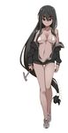  bare_legs black_eyes black_hair breasts dark_skin gin_(ginshari) hammer large_breasts long_hair low-tied_long_hair micro_bikini_top naked_coat off_shoulder original shoes sneakers solo underboob very_long_hair 