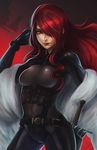  bodysuit framed_breasts hair_over_one_eye kirijou_mitsuru koyorin lips long_hair persona persona_3 persona_4:_the_ultimate_in_mayonaka_arena red_eyes red_hair skin_tight solo weapon 