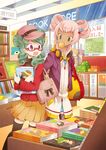  2girls alpha_(inazuma_eleven) beta_(inazuma_eleven) black_legwear blush bookstore brown_eyes bubble_blowing chewing_gum einamu fang glasses green_hair headphones headphones_around_neck inazuma_eleven_(series) inazuma_eleven_go inazuma_eleven_go_chrono_stone multiple_boys multiple_girls open_mouth orca_(inazuma_eleven) pink_hair pleated_skirt purple_eyes red-framed_eyewear semi-rimless_eyewear shop skirt thighhighs under-rim_eyewear unmoving_pattern uppi zettai_ryouiki 