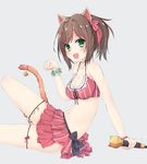  :d animal_ears bad_id bad_pixiv_id bell bikini bikini_skirt bracelet breasts brown_hair cat_ears clenched_hand fang flower_bracelet green_eyes hair_ornament highres idolmaster idolmaster_cinderella_girls jewelry jingle_bell kuran_(yourcatissick) leg_up looking_at_viewer maekawa_miku medium_breasts microphone navel open_mouth paw_pose red_bikini short_hair simple_background sitting smile solo striped swimsuit tail tail_bell vertical-striped_bikini vertical_stripes 