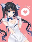  black_hair blue_eyes blue_ribbon breasts cleavage dress dungeon_ni_deai_wo_motomeru_no_wa_machigatteiru_darou_ka gloves hair_ornament hair_ribbon heart hestia_(danmachi) highres large_breasts long_hair md5_mismatch rei_no_himo ribbon ripu_(sherypton) smile solo tongue tongue_out twintails 