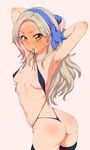  aikatsu! aikatsu!_(series) areola_slip areolae armpits arms_behind_head arms_up ass bikini bikini_in_mouth black_bikini black_legwear blush breasts clearite covered_nipples cowboy_shot from_side full-face_blush hairband kurosawa_rin_(aikatsu!) long_hair looking_at_viewer looking_back micro_bikini mouth_hold multicolored_hair o-ring o-ring_bikini o-ring_bottom orange_eyes pink_hair silver_hair small_breasts solo streaked_hair string_bikini sweat swimsuit tears thong thong_bikini twisted_torso two-tone_hair untied untied_bikini 