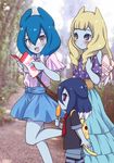  backpack bag blonde_hair blue_hair blue_skin blush churuka_potta forest inazuma_eleven_(series) inazuma_eleven_go inazuma_eleven_go_galaxy long_hair maron_(quintet_colors) multicolored_hair multiple_girls nature no_pupils open_mouth outdoors photo_background powai_pichori purple_eyes skirt two-tone_hair urumi_chapupu white_hair 