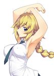  armpits arms_up blonde_hair braid breasts casual covered_nipples fate/apocrypha fate_(series) impossible_clothes impossible_shirt jeanne_d'arc_(fate) jeanne_d'arc_(fate)_(all) large_breasts long_hair looking_at_viewer namonashi necktie purple_eyes shirt sideboob solo white_background 