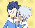  blue_hair closed_eyes earth_eleven grin hair_over_one_eye inazuma_eleven_(series) inazuma_eleven_go inazuma_eleven_go_galaxy jacket kurama_norihito lightning_bolt male_focus maron_(quintet_colors) multiple_boys smile track_jacket tsurugi_kyousuke upper_body 