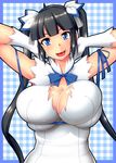  black_hair blue_eyes blue_ribbon breasts cleavage dungeon_ni_deai_wo_motomeru_no_wa_machigatteiru_darou_ka gloves hestia_(danmachi) highres large_breasts long_hair looking_at_viewer nokoppa rei_no_himo ribbon skindentation smile solo twintails white_gloves 