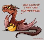 2014 aged_down ambiguous_gender claws coin cub cute dialogue dragon english_text feral holding looking_away open_mouth pencilcat scalie smaug smile solo teeth text wings wyvern yellow_eyes young 