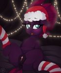  2018 anus blue_eyes christmas clitoris clothing digital_media_(artwork) dock equine female feral floppy_ears hair hat hi_res holidays legwear looking_at_viewer mammal my_little_pony my_little_pony_the_movie open_mouth patreon pearlyiridescence pink_hair pussy santa_hat solo spread_legs spreading striped_legwear stripes tempest_shadow_(mlp) url 