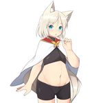  akitaka_(mcdonnell-douglas) animal_ears belly bike_shorts blonde_hair blue_eyes blush cape chestnut_mouth cowboy_shot flat_chest highres midriff navel original short_hair solo standing tail wide_hips 
