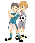  ball brown_hair full_body gloves grin ieiieiiei inazuma_eleven inazuma_eleven_(series) inazuma_japan male_focus multiple_boys one_eye_closed simple_background smile soccer_ball soccer_uniform sportswear standing tachimukai_yuuki telstar utsunomiya_toramaru white_background 