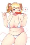  1girl akitaka_(mcdonnell-douglas) bikini blonde_hair blush breasts cleavage corndog eating food headphones highres huge_breasts looking_at_viewer navel nitroplus one_eye_closed open_mouth orange_eyes plump short_hair smile solo super_pochaco swimsuit twintails white_swimsuit 