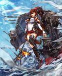  absurdres backpack bag black_legwear breasts brown_hair cannon cloud fire full_body highres kantai_collection large_breasts lips lipstick long_hair machinery makeup miniskirt panties pantyshot ponytail red_panties single_thighhigh skirt smoke solo splashing standing thighhighs tnwjd2tkfkd turret underwear very_long_hair water yamato_(kantai_collection) 