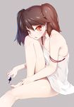  bare_shoulders barefoot brown_eyes brown_hair dress feet flat_chest grey_background hands_on_feet holding kantai_collection looking_at_viewer nail_polish nilitsu open_mouth painting_nails pedicure ryuujou_(kantai_collection) see-through sitting solo strap_slip sundress twintails 