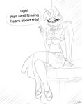  2015 anthro anthrofied black_and_white breasts clothing cutie_mark dialogue ear_piercing english_text equine eyewear female friendship_is_magic glasses hair half-closed_eyes hi_res holding horn legwear mammal monochrome my_little_pony necktie open_mouth piercing pussy pussy_juice replica_(artist) sitting solo text twilight_sparkle_(mlp) watch winged_unicorn wings 