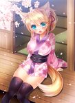  animal_ears blonde_hair blue_eyes blush breasts dog_days fox_ears fox_tail hair_ribbon japanese_clothes large_breasts long_hair looking_at_viewer open_mouth ponytail ribbon sanom sitting solo tail thighhighs yukikaze_panettone 