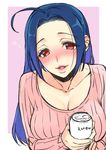  ahoge beer_can blue_eyes blush breasts can cleavage drunk heart idolmaster idolmaster_(classic) large_breasts long_hair looking_at_viewer miura_azusa open_mouth red_eyes smile solo sumeragi_kohaku 