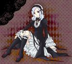  1girl alternate_hairstyle dress eas fresh_precure! gothic_lolita hairband higashi_setsuna lolita_fashion precure red_eyes rozen_maiden short_hair silver_hair sitting solo suigintou suigintou_(cosplay) 