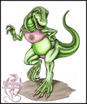  2004 anthro claws clothed clothing dinosaur english_text female flower green_scales half-closed_eyes markie open_mouth orange_eyes plain_background plant pose raised_leg reptile scalie shirt solo spots teeth text toe_claws tongue underwear white_background 