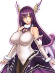  bare_shoulders black_legwear breasts character_request elbow_gloves emil_chronicle_online fingerless_gloves gloves horns impossible_clothes large_breasts lintanghaseo long_hair looking_at_viewer open_mouth pantyhose purple_hair solo white_background wings yellow_eyes 