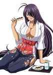  black_hair breasts cleavage dango food hair_over_one_eye hakama ikkitousen japanese_clothes kan'u_unchou large_breasts long_hair looking_at_viewer open_clothes open_shirt rin-sin shirt simple_background sitting solo wagashi white_background white_shirt 