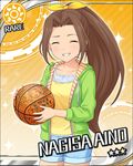  aino_nagisa basketball bow brown_hair card_(medium) character_name closed_eyes grin hair_bow hair_intakes holding idolmaster idolmaster_cinderella_girls jacket long_hair orange_background ponytail smile solo sun_(symbol) 