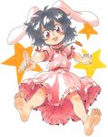  animal_ears barefoot black_hair blush bunny_ears carrot dress feet full_body inaba_tewi jewelry marker_(medium) necklace oyatsu_(mk2) pink_dress pointing red_eyes short_hair short_sleeves smile soles solo toes touhou traditional_media 