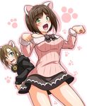  :d animal_ears asterisk_(idolmaster) bare_shoulders blush brown_hair cat_ears fangs green_eyes highres idolmaster idolmaster_cinderella_girls looking_at_viewer maekawa_miku multiple_girls open_mouth paw_pose paw_print short_hair skirt smile sweater tada_riina white_background yopparai_oni 