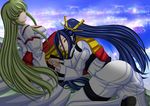  2girls arc_system_works ass belt blazblue bodysuit boots breasts c.c. c.c._(cosplay) code_geass cosplay costume_switch crossover eyes_closed from_behind green_eyes green_hair hades_izanami hades_izanami_(cosplay) hair_ornament highres japanese_clothes lap_pillow large_breasts long_hair long_sleeves lying mikado_(blazblue) mikado_(blazblue)_(cosplay) multiple_girls on_side ponytail purple_hair seiyuu_connection seraphina sideboob sitting sleeping smile straitjacket very_long_hair yukana yuri 