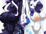  2015 absurd_res anthro anthrofied areola arm_behind_head armpits big_breasts blue_eyes breasts cutie_mark duo english_text equine eyeshadow female friendship_is_magic hair hair_over_eye handmantoot hi_res horn huge_breasts long_hair looking_at_viewer makeup mammal my_little_pony navel nightmare_rarity_(idw) nipples nude purple_hair rarity_(mlp) smile text two_tone_hair unicorn 