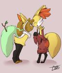  &lt;3 2015 alchemical anthro black_fur blush braixen brown_fur canine clothing cosplay cute delphox duo eyes_closed fluffy fox fur hoodie lagomorph mammal nintendo open_mouth orange_fur pajamas paws plain_background pok&eacute;mon purple_eyes rabbit smile standing stick teeth tongue video_games white_fur yellow_fur 