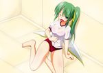  ;o against_wall alternate_costume arm_support barefoot blush bra breasts commentary_request daiyousei fairy_wings feet green_eyes green_hair gym_uniform hair_ribbon highres kurenaidahlia medium_breasts one_eye_closed ribbon short_sleeves side_ponytail sweat tile_floor tiles touhou underwear wet wet_clothes wings 