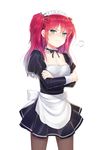  apron bangs blue_eyes blush bow breasts choker cleavage crossed_arms frilled_choker frills frown hair_ribbon k_(shinya90) long_hair long_sleeves looking_at_viewer maid maid_apron maid_headdress medium_breasts original pantyhose puffy_sleeves red_hair ribbon ribbon_choker simple_background solo standing two_side_up wavy_mouth white_background 