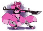  abs anthro armor biceps big_breasts breasts canine claws cleavage clothed clothing female fox fur greaves hair holding_weapon iko mammal melee_weapon muscles navel open_mouth plain_background polearm skimpy solo toe_claws toned unconvincing_armor weapon 