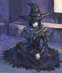  black_dress black_hat blue_eyes demon's_souls dress hat highres long_sleeves no_nose open_mouth short_hair sitting sleeves_past_wrists solo souls_(from_software) suisui_(fish) witch witch_hat yuria_the_witch 