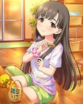  artist_request basket black_eyes black_hair blush comb combing floral_print idolmaster idolmaster_cinderella_girls kobayakawa_sae long_hair looking_at_viewer official_art scrunchie shorts sitting smile solo wrist_scrunchie 