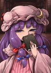  book bow crescent crescent_hair_ornament hair_bow hair_ornament harusame_(unmei_no_ikasumi) hat hidden_mouth long_hair patchouli_knowledge purple_eyes purple_hair solo striped_clothes touhou 