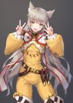  1girl animal_ears bangs bodysuit cat_ears gloves highres long_hair looking_at_viewer nintendo niyah open_mouth ribbon silver_hair simple_background smile solo spoilers thighs v xenoblade_(series) xenoblade_2 xi_zhujia_de_rbq yellow_eyes 