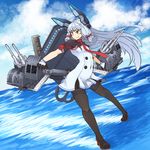 anchor aqua_hair bangs black_legwear blue_sky blunt_bangs brown_eyes cloud day dress gloves headgear kaginoni kantai_collection loafers long_hair machinery murakumo_(kantai_collection) necktie pantyhose red_neckwear remodel_(kantai_collection) shoes sky smile solo standing standing_on_liquid thighband_pantyhose white_dress 