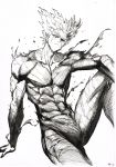  1boy absurdres arm_support bodysuit closed_mouth commentary garou_(one-punch_man) greyscale hair_slicked_back highres looking_at_viewer male_focus monochrome murata_yuusuke official_art one-punch_man page_number scar scar_across_eye sitting solo work_in_progress 