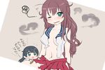  agano_(kantai_collection) bandaid black_hair blush brown_hair gloves green_eyes kantai_collection long_hair looking_at_viewer messy_hair midriff minigirl multiple_girls navel noshiro_(kantai_collection) one_eye_closed open_mouth smoke squiggle sweatdrop tachiki_(naruki) tears torn_clothes 