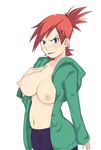  1girl areolae blush breasts breasts_outside cartoon_network female foster&#039;s_home_for_imaginary_friends foster's_home_for_imaginary_friends frankie_foster green_eyes large_breasts looking_at_viewer navel nipples open_clothes open_mouth open_shirt puffy_nipples red_hair shirt solo ttrop 
