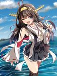  ;d ahoge blue_eyes boots brown_hair hairband highres japanese_clothes kantai_collection kongou_(kantai_collection) long_hair nonohachi nontraditional_miko one_eye_closed open_mouth ribbon-trimmed_sleeves ribbon_trim smile solo thigh_boots thighhighs v 